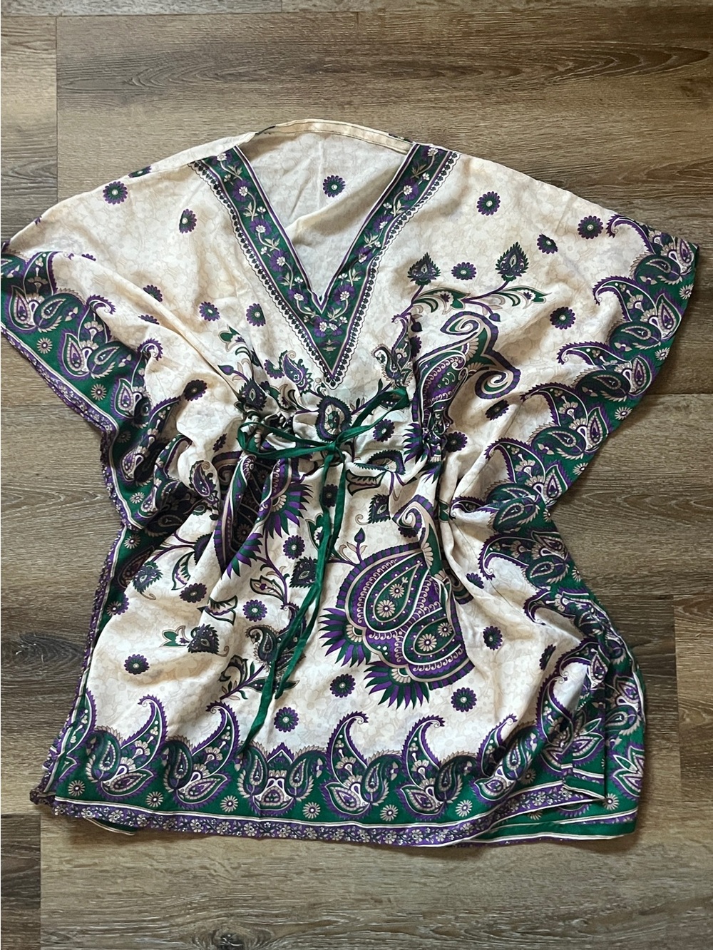 Women’s Cream Paisley V-Neck Coverup with Green and Purple Accents, OS